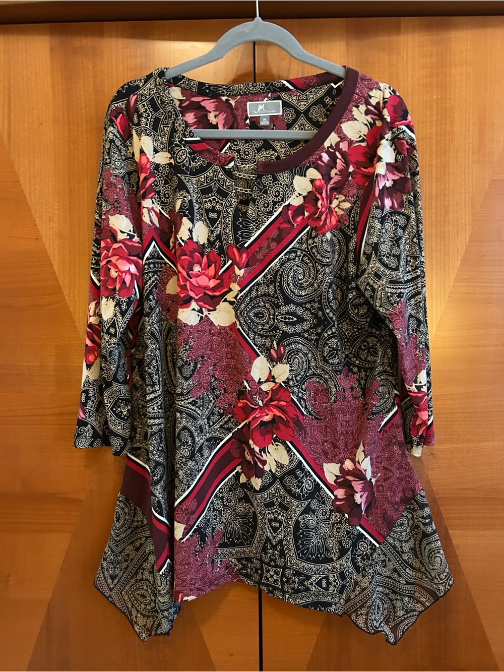 JM Collection Burgundy, Black & Cream Floral Paisley Tunic
